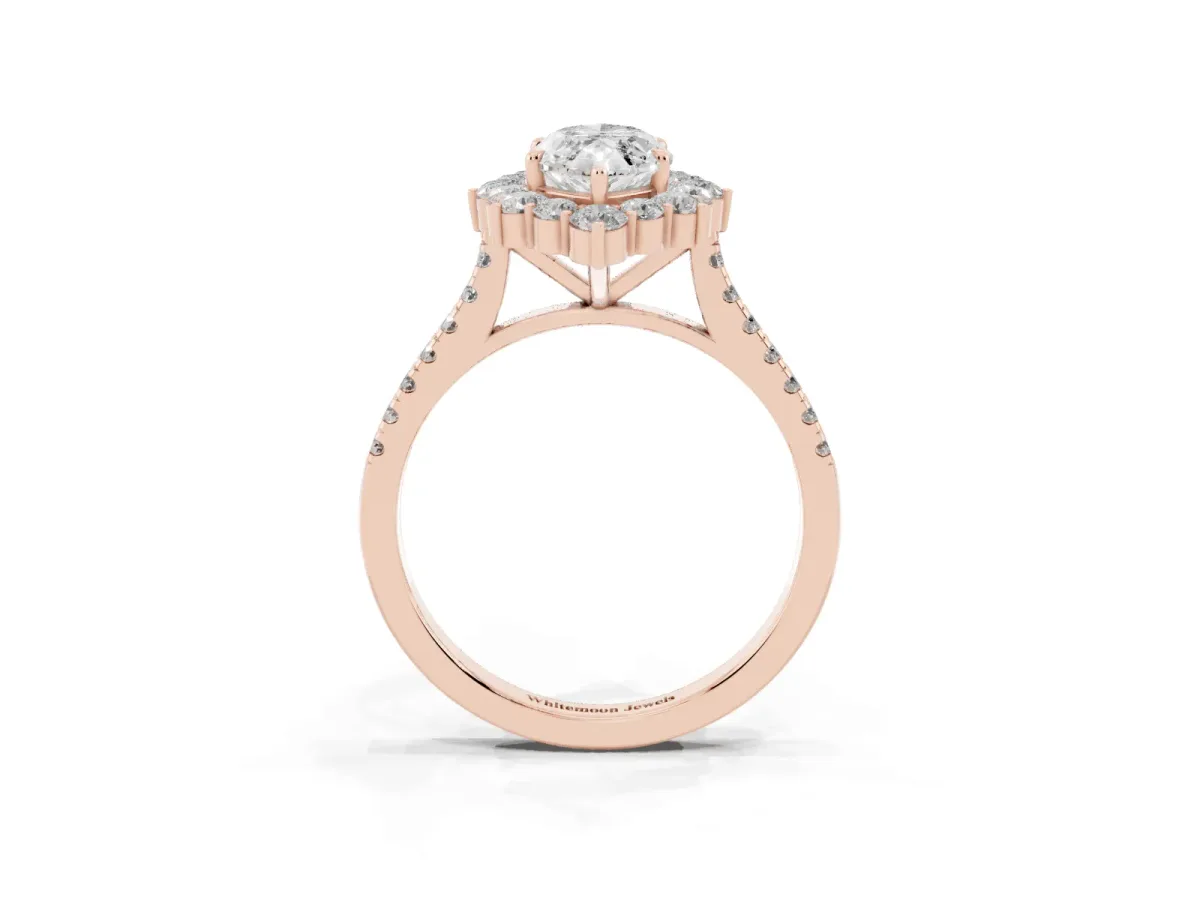 Marquise Cut Halo Diamond Ring with Pavé Band and Prong Setting Rose gold