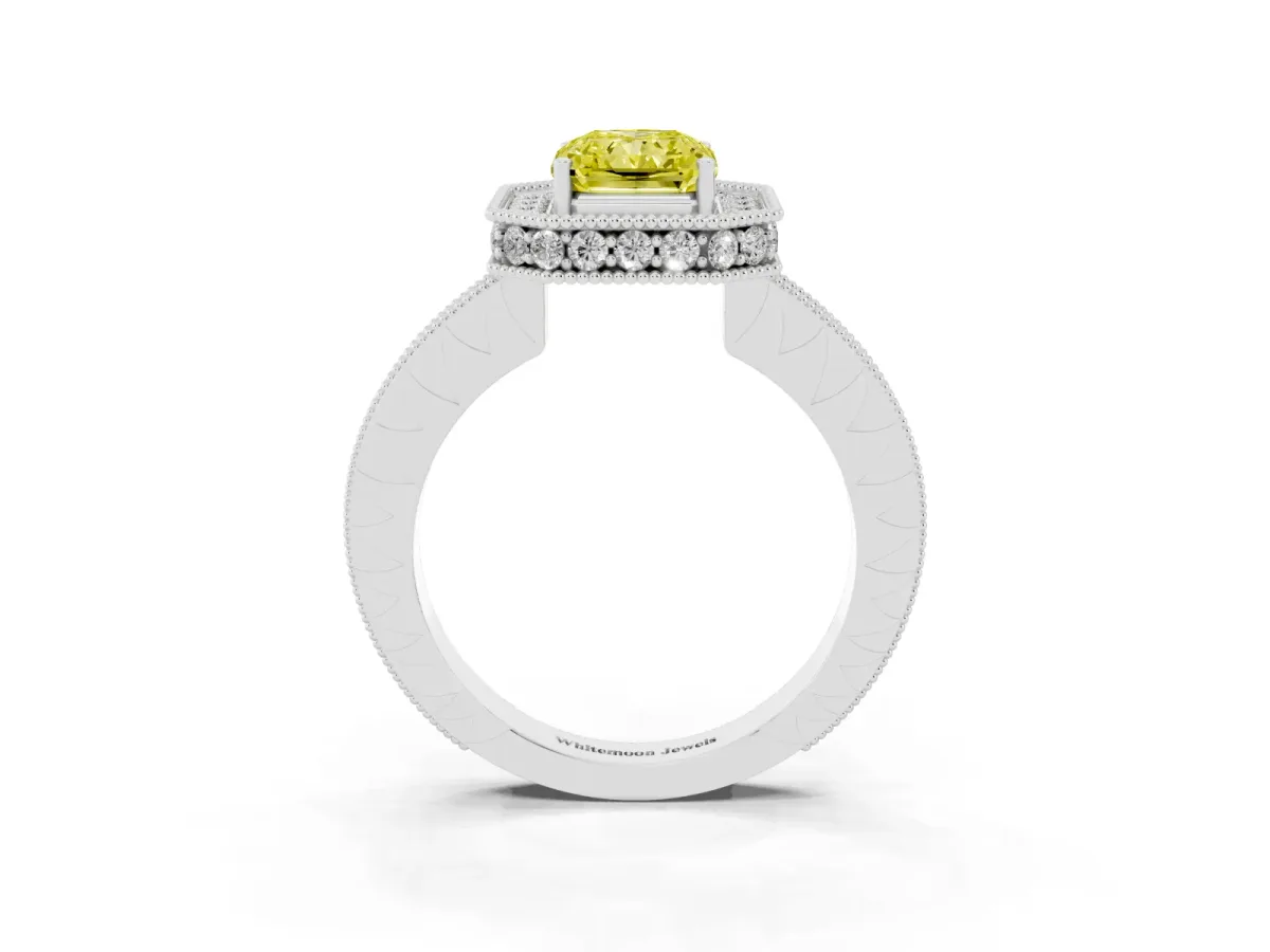 Fancy Yellow Radiant Cut Diamond Milgrain Halo Engagement Ring with Round Pavé Band and Prong Setting Silver