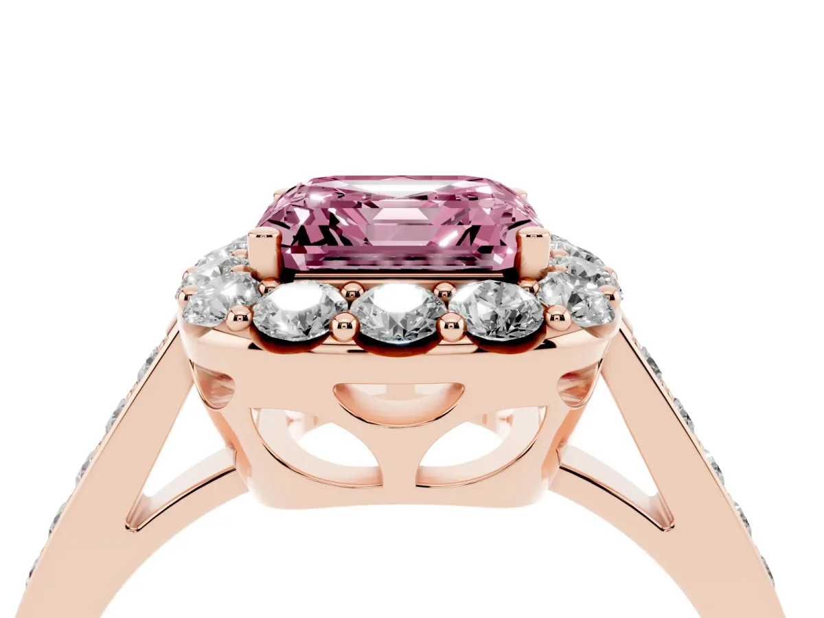 Fancy Pink Asscher Cut Diamond Floral Halo Ring with Pavé Band and Prong Setting Rose gold