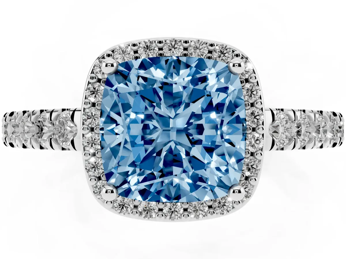 Fancy Blue Cushion Cut Cut Halo Diamond Engagement Ring with Pave Band and Four-Prong Setting Silver