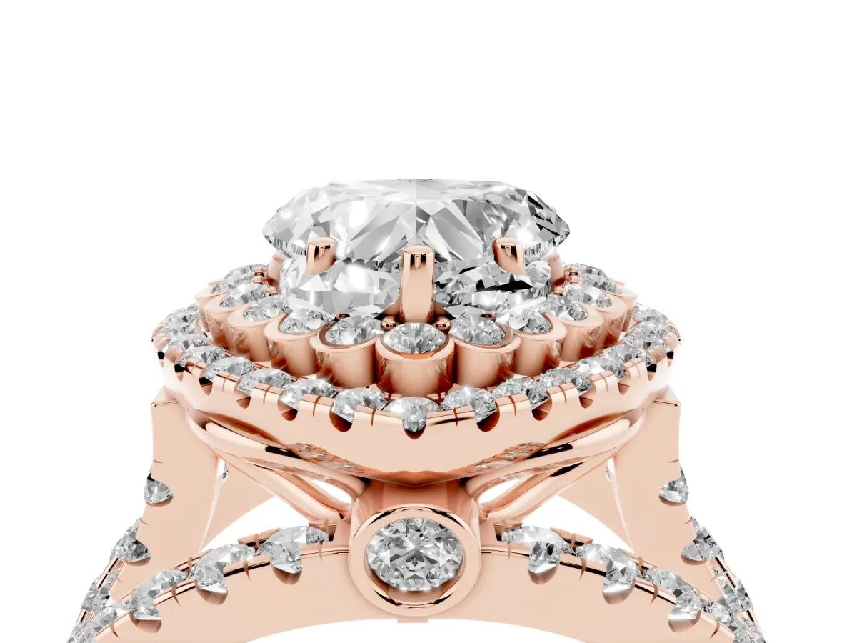 Heart Cut Diamond Double Halo Ring with Round Pavé Split Shank and Prong Setting Rose gold