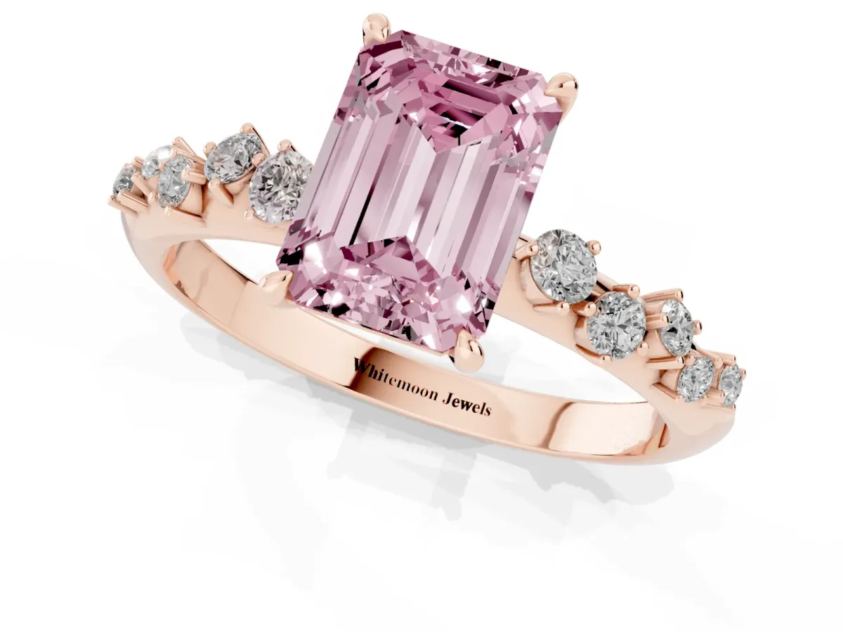 Fancy Pink Emerald Cut Diamond Cluster Side Stone Solitaire Ring with Prong Setting Rose gold