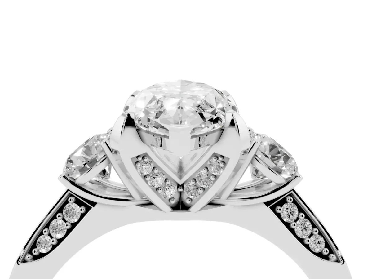 Marquise Cut Brilliant Three-Stone Diamond Ring with Pavé Band and Four-Prong Setting Silver