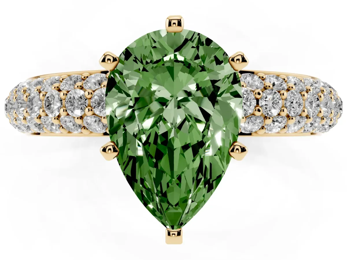 Fancy Green Pear Cut Diamond Solitaire Ring with Prong Setting and Pavé Band Yellow gold