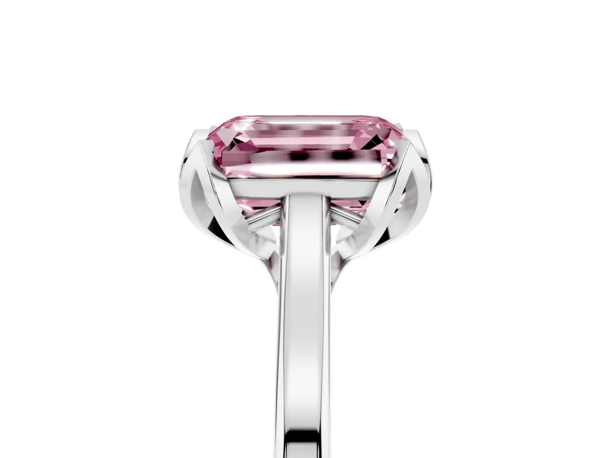 Fancy Pink Emerald Cut Diamond Solitaire Ring with Flower Prong Setting and Classic Band Silver