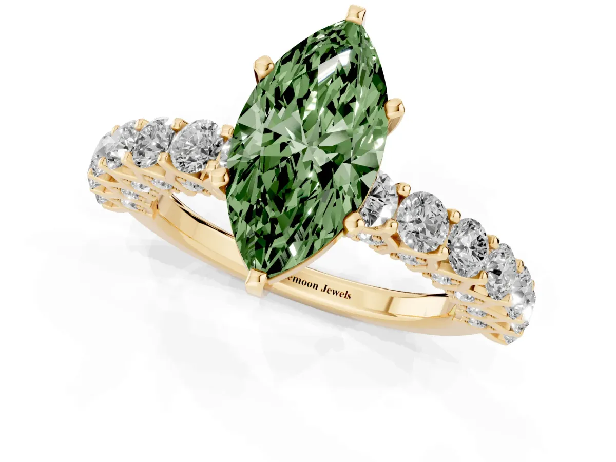 Fancy Green Marquise Cut Diamond Solitaire Ring with Shared Prong Pavé Band and Four-Prong Setting Yellow gold