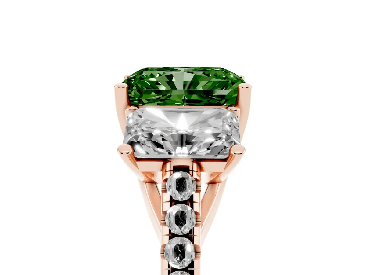 Fancy Green Three-Stone Radiant Cut Diamond Ring with Round Pavé Band and Prong Setting Rose gold