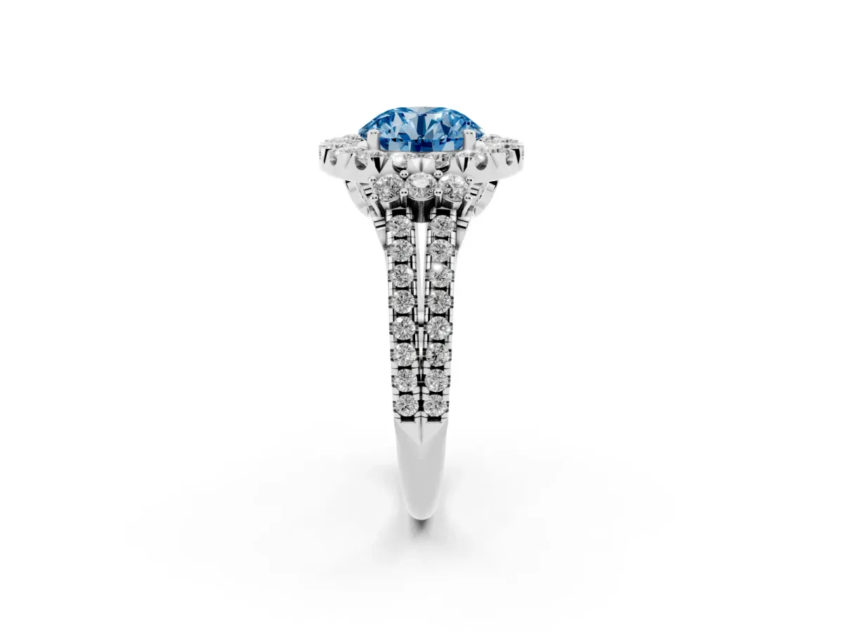 Fancy Blue Round Cut Cut Double Halo Diamond Engagement Ring with Pave Band and Four-Prong Setting Silver