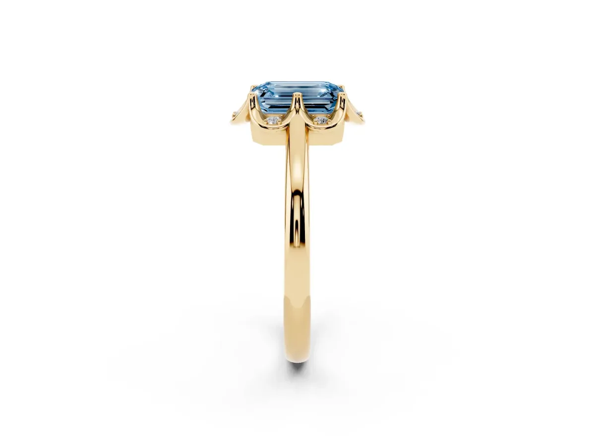 Fancy Blue Emerald Cut Halo Diamond Ring with Round Cluster Setting, Solitaire Band, and Four-Prong Setting Yellow gold