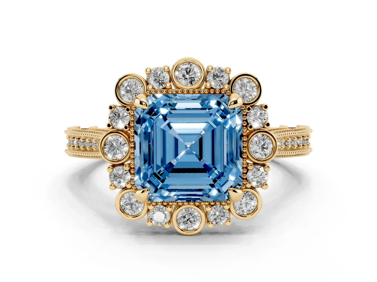 Fancy Blue Asscher Cut Halo Milgrain Pave Diamond Ring with Four-Prong Setting Yellow gold