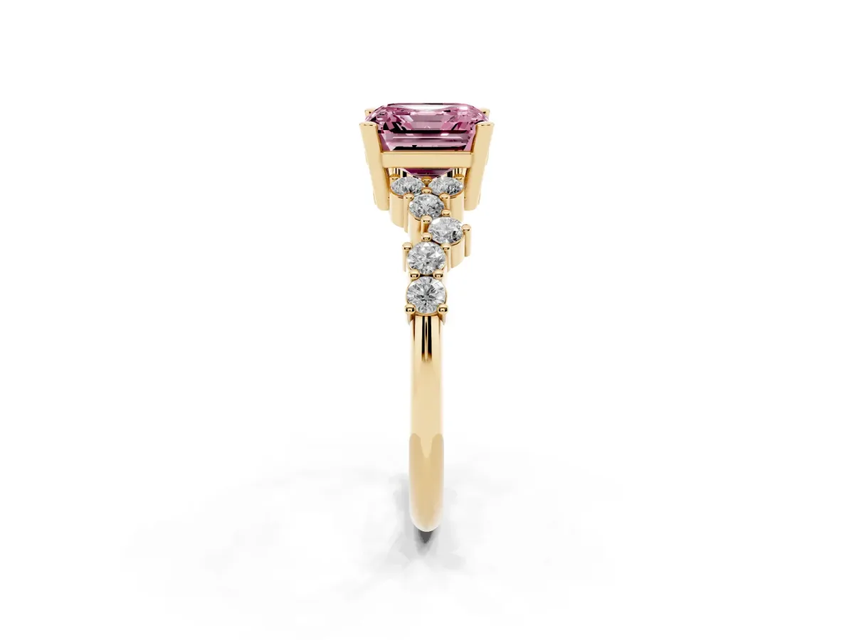 Fancy Pink Asscher Cut Diamond Scattered Round Accent Ring with Prong Setting Yellow gold