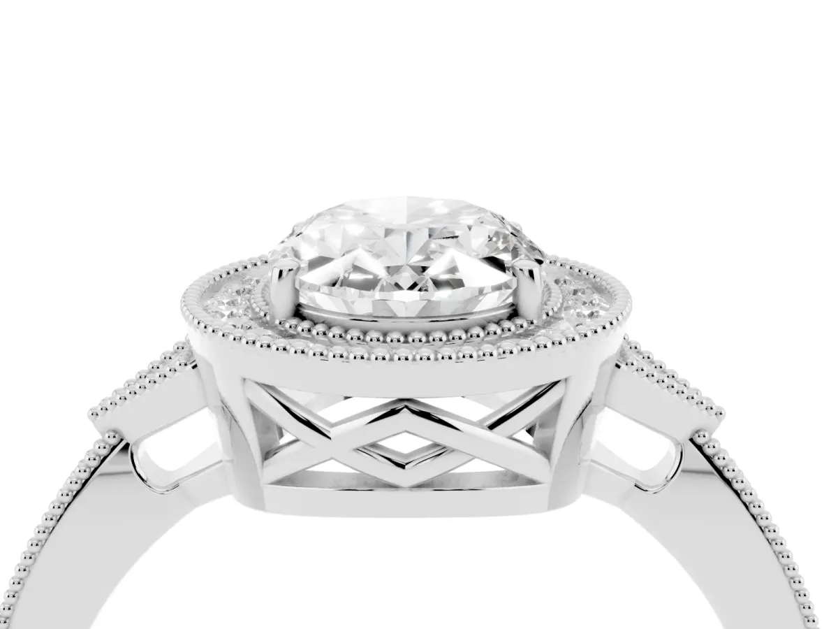 Oval Cut Halo Round Diamond Milgrain Pave Engagement Ring Silver