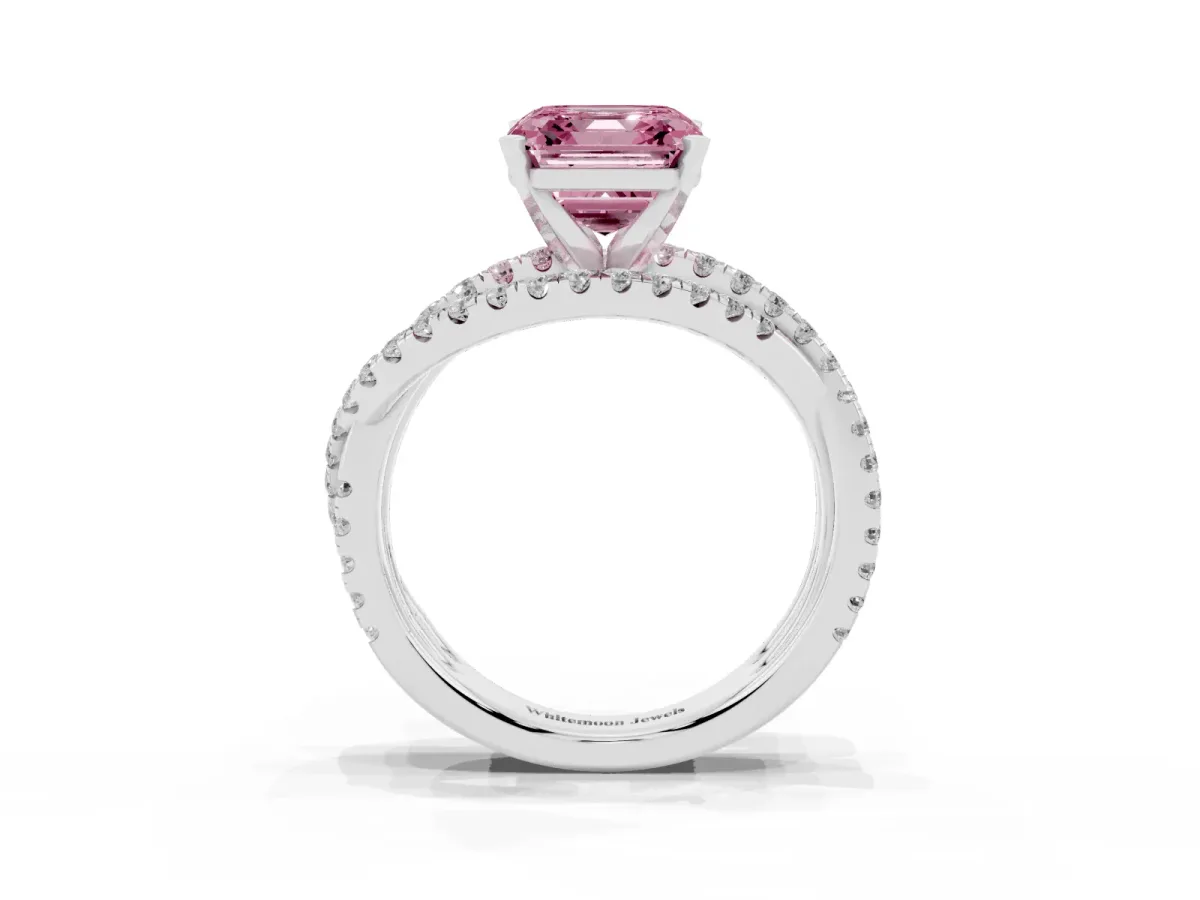 Fancy Pink Asscher Cut Solitaire Twist Band with Pavé Setting and Four-Prong Setting Silver