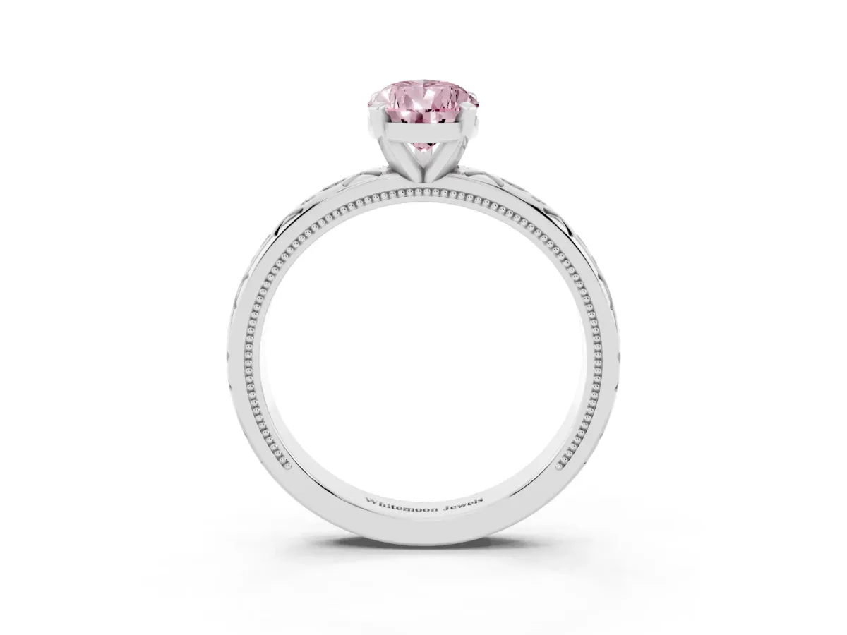 Fancy Pink Pear Cut Solitaire Engagement Ring with Scrollwork Band and Four-Prong Setting Silver