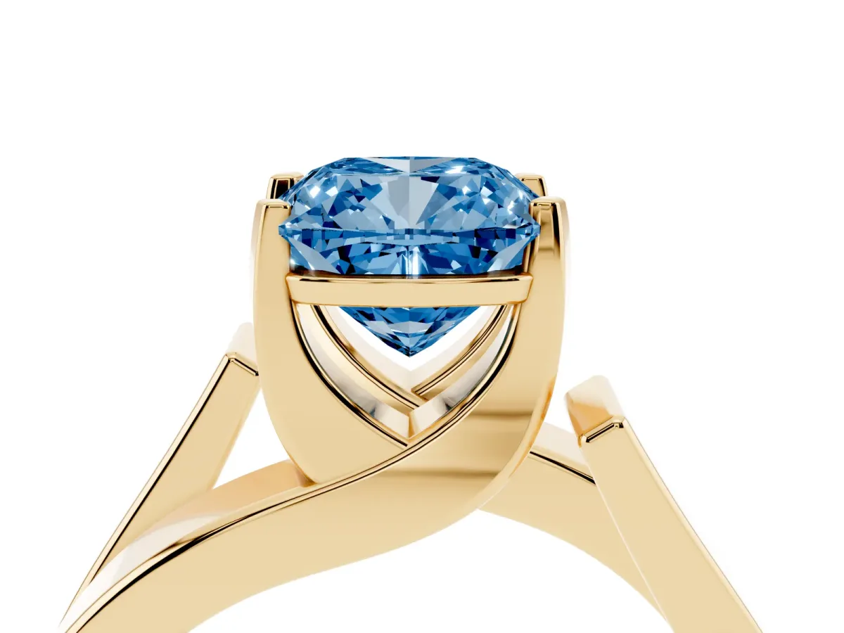 Fancy Blue Modern Tension Set Cushion Cut Diamond Solitaire Wide Band Ring Yellow gold