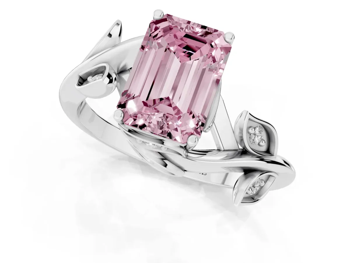Fancy Pink Emerald Cut Solitaire Twist Engagement Ring with Leaf Accents and Prong Setting Silver