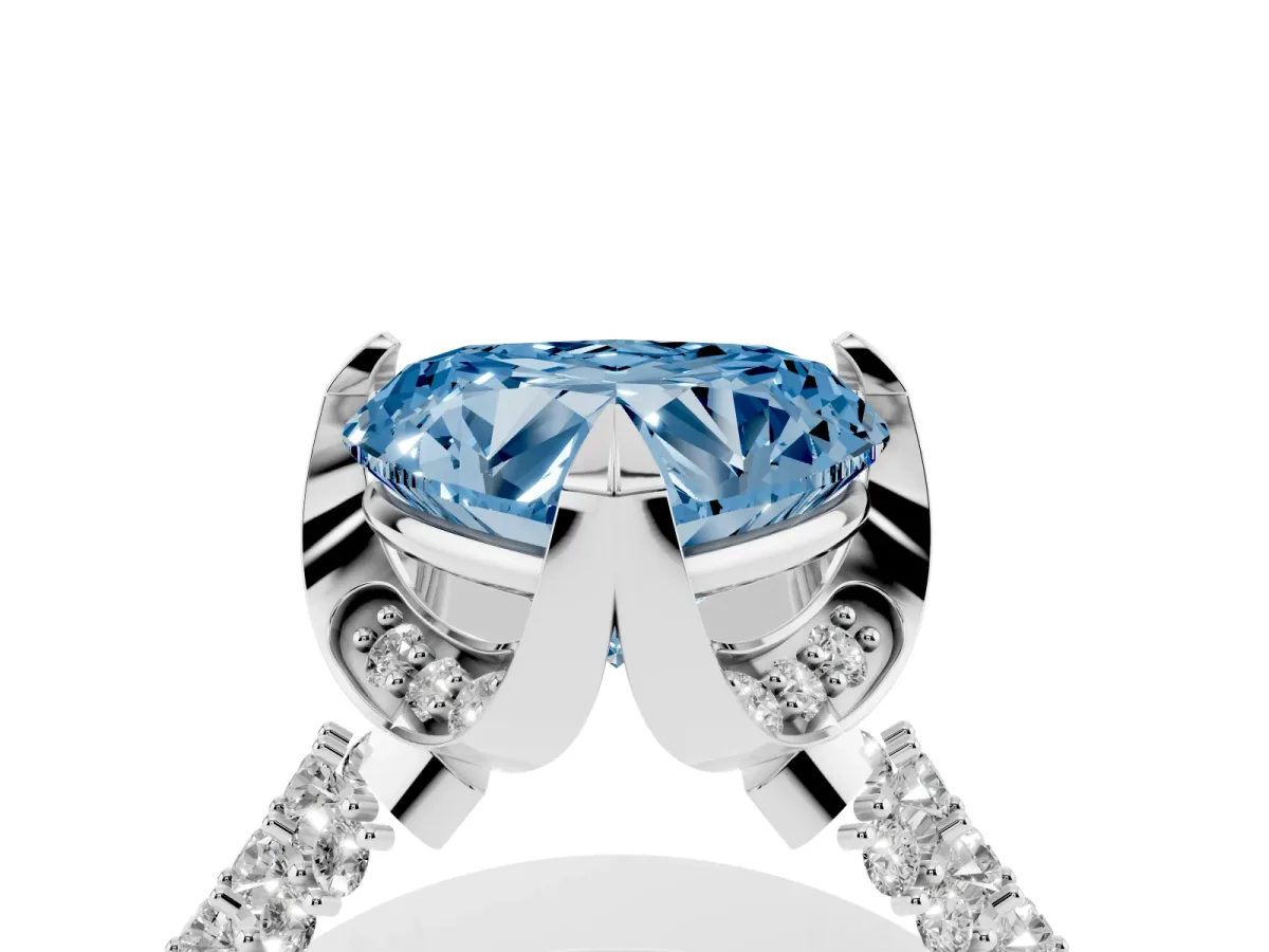 Fancy Blue Heart Cut Solitaire Pave Split Shank Ring with Four-Prong Setting White gold