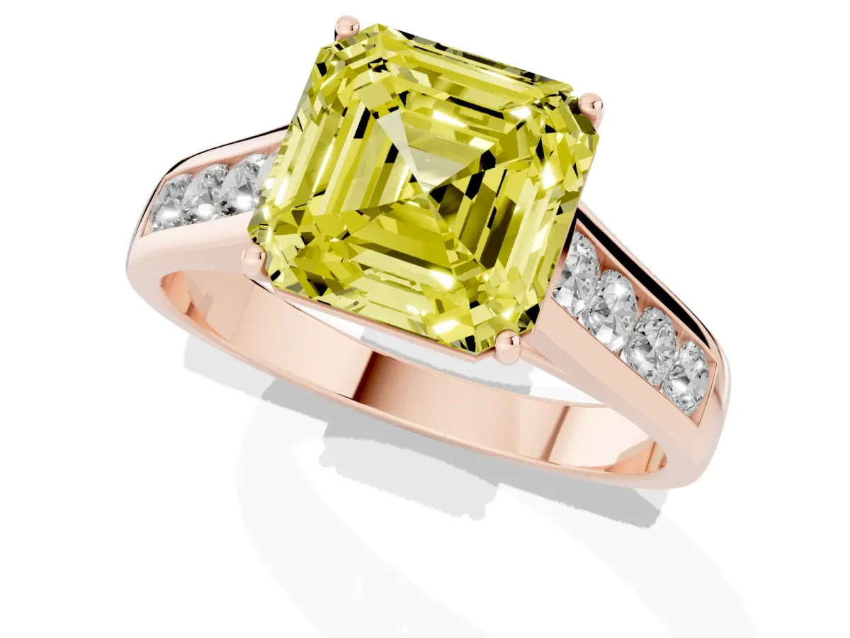 Fancy Yellow Asscher Cut Brilliant Channel-Set Solitaire Ring with Four-Prong Setting Rose gold