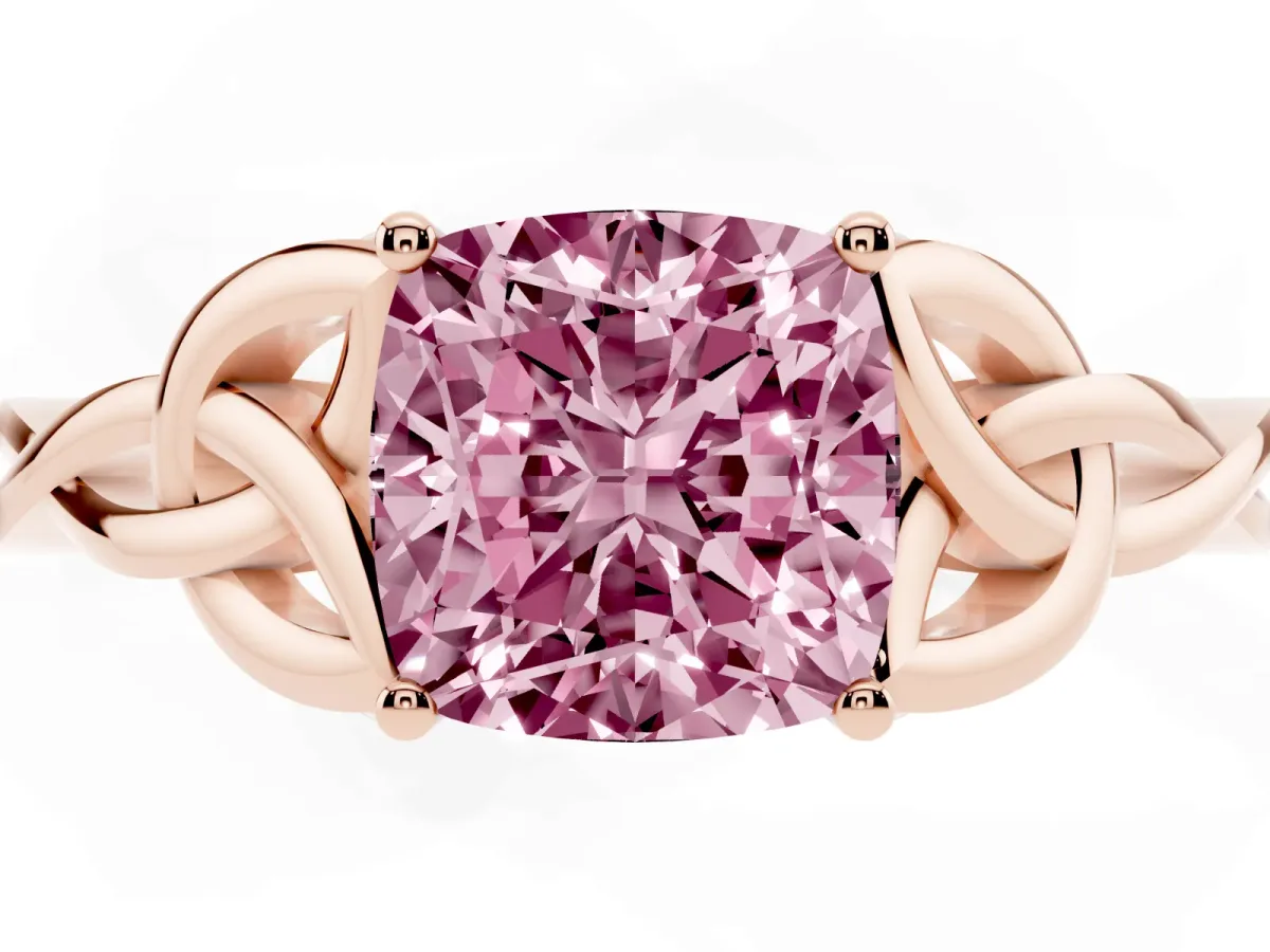 Fancy Pink Cushion Cut Diamond Solitaire Engagement Ring with Celtic Knot Band and Four-Prong Setting Rose gold