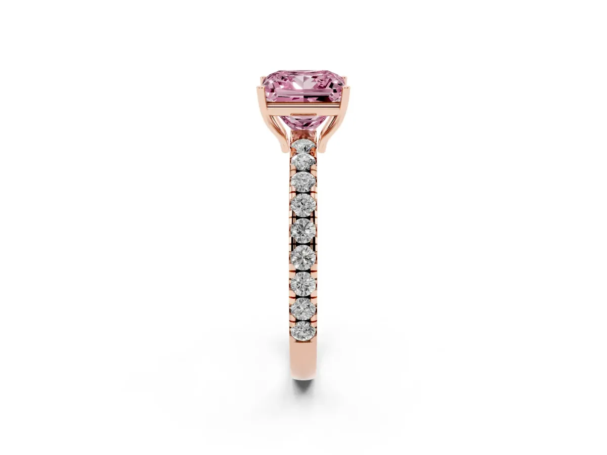 Fancy Pink Princess Cut Diamond Pavé Solitaire Engagement Ring with Four-Prong Setting Rose gold