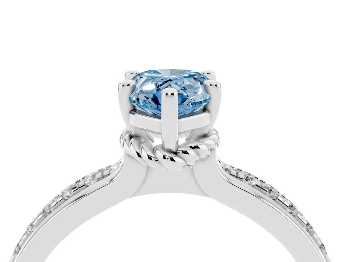 Fancy Blue Pear Cut Solitaire Diamond Ring with Channel Set Band and Six-Prong Setting Silver