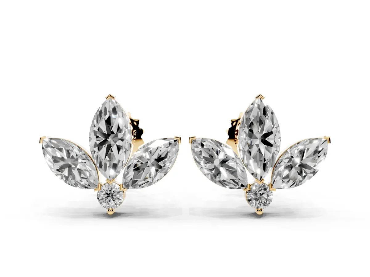 Marquise Cluster Stud Earrings with Round Prong Setting Yellow gold