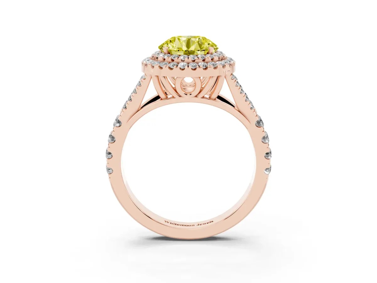 Fancy Yellow Round Cut Diamond Pavé Split Shank Double Halo Engagement Ring Rose gold