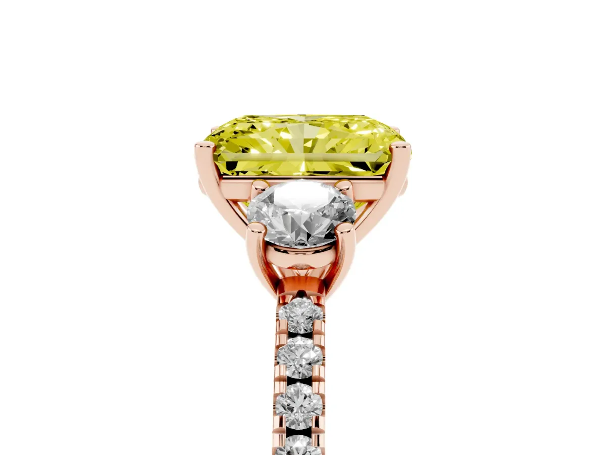 Fancy Yellow Three-Stone Radiant Cut Cut Diamond Pavé Band with Prong Setting Rose gold