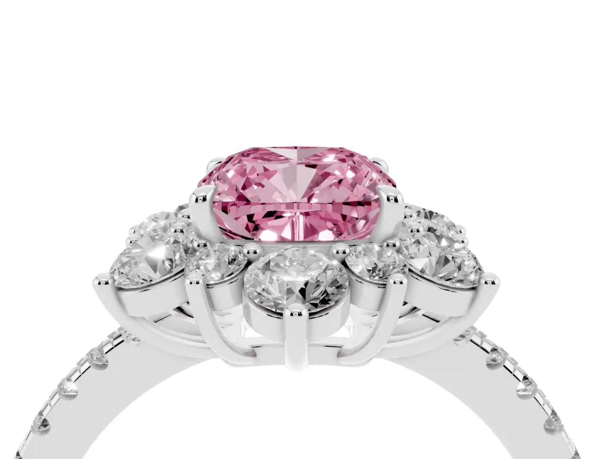 Fancy Pink Cushion Cut Diamond Floral Halo Ring with Round Pavé Band and Prong Setting Silver