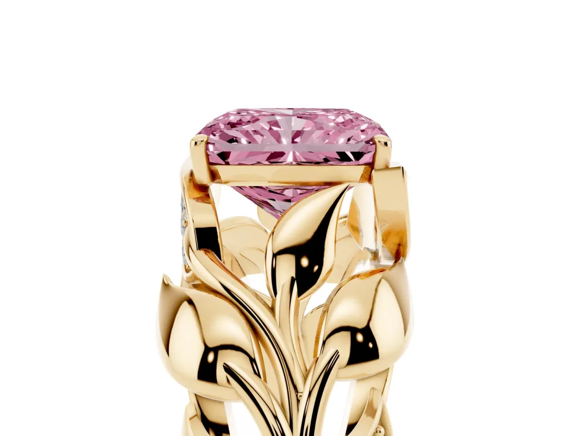 Fancy Pink Radiant Cut Diamond Leaf-Inspired Engagement Ring with Round Accents and Prong Setting Yellow gold