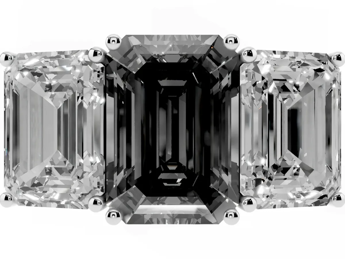 Fancy Black Emerald Cut Diamond Three-Stone Ring with Prong Setting and Textured Band Silver