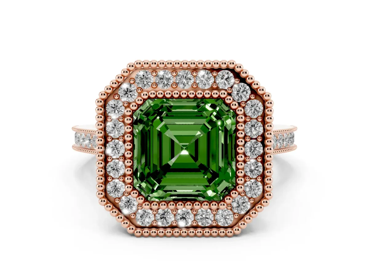 Fancy Green Asscher Cut Diamond Halo Ring with Milgrain Frame and Pavé Band Rose gold