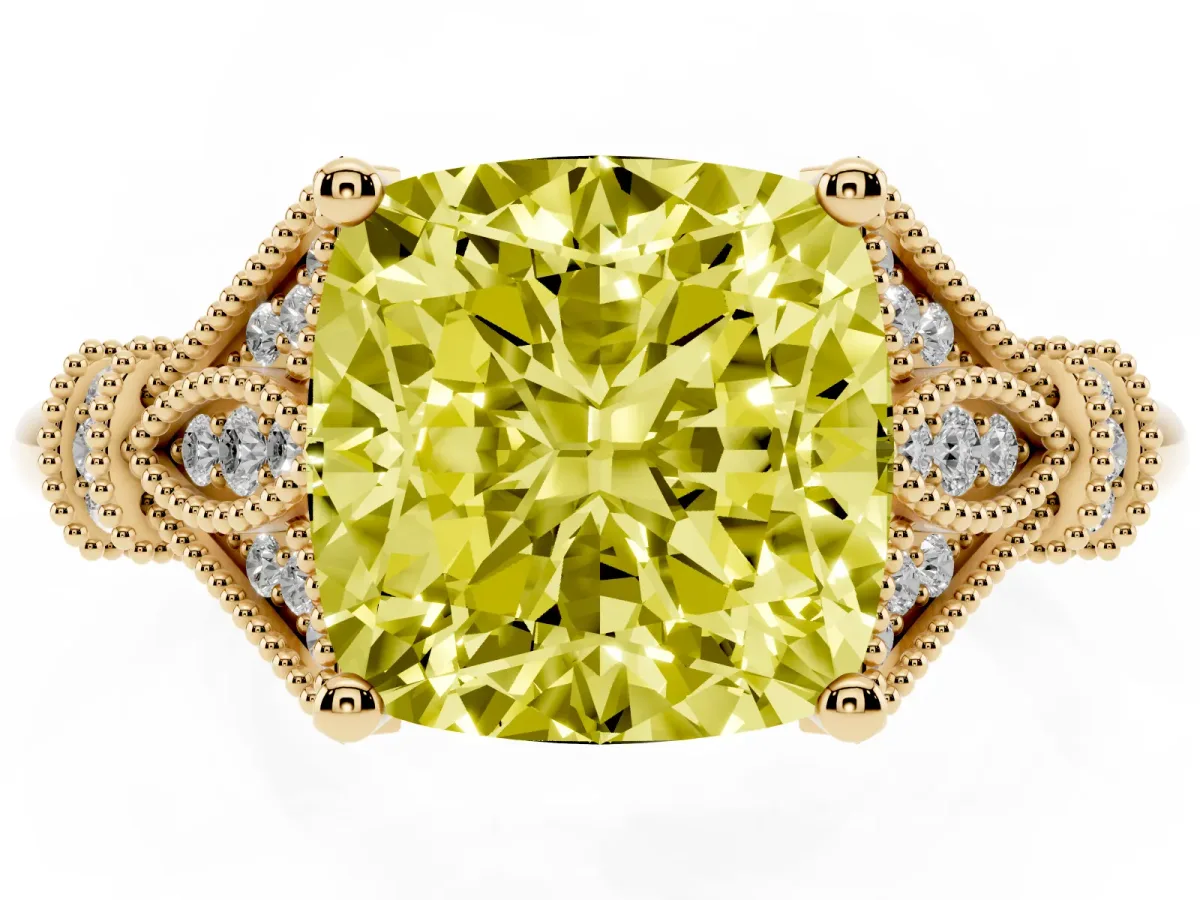 Fancy Yellow Cushion Cut Diamond Solitaire Ring with Floral Filigree and Pave Accents Yellow gold