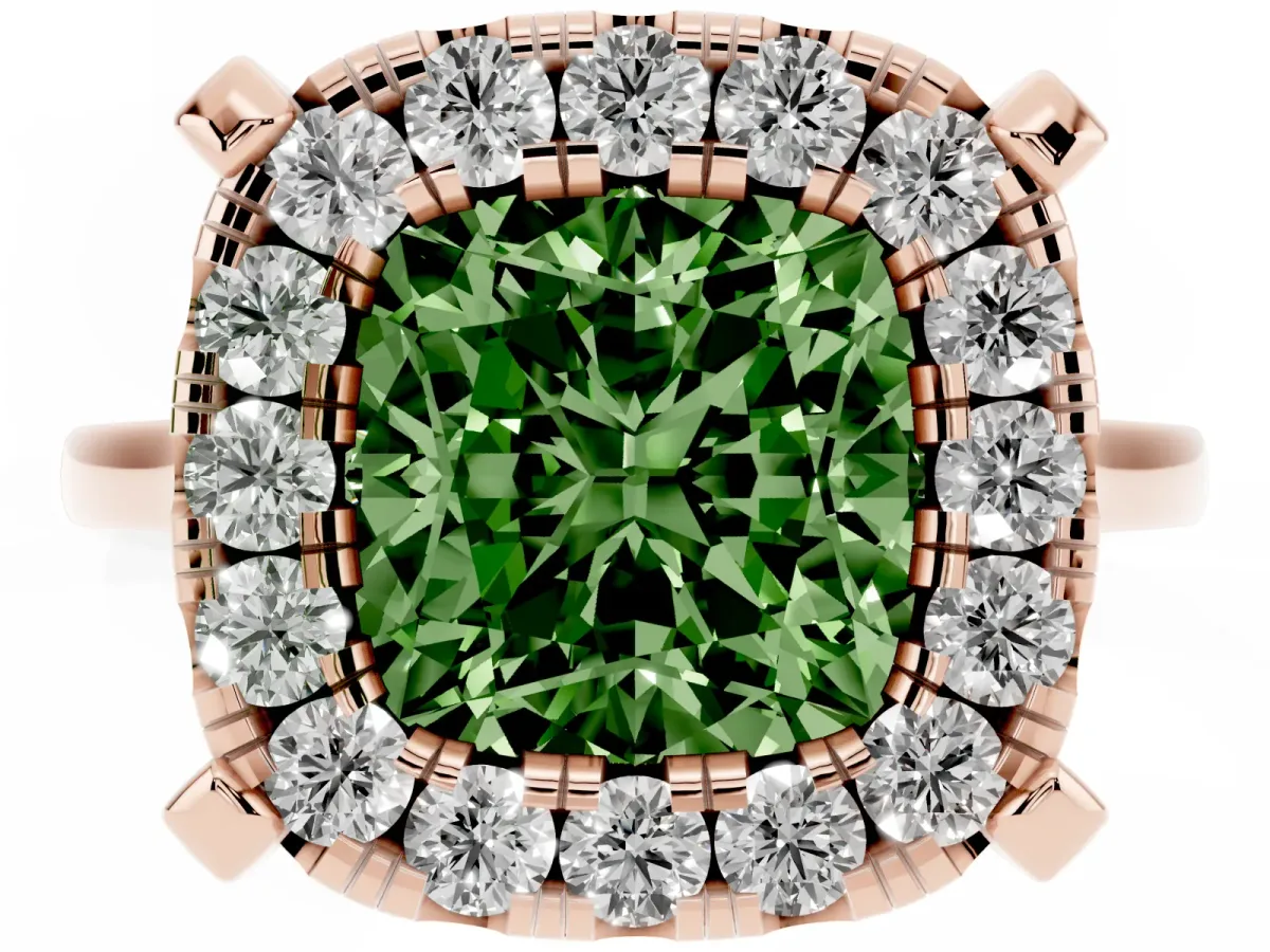 Fancy Green Cushion Cut Diamond Cluster Halo Solitaire with Four-Prong Setting Rose gold