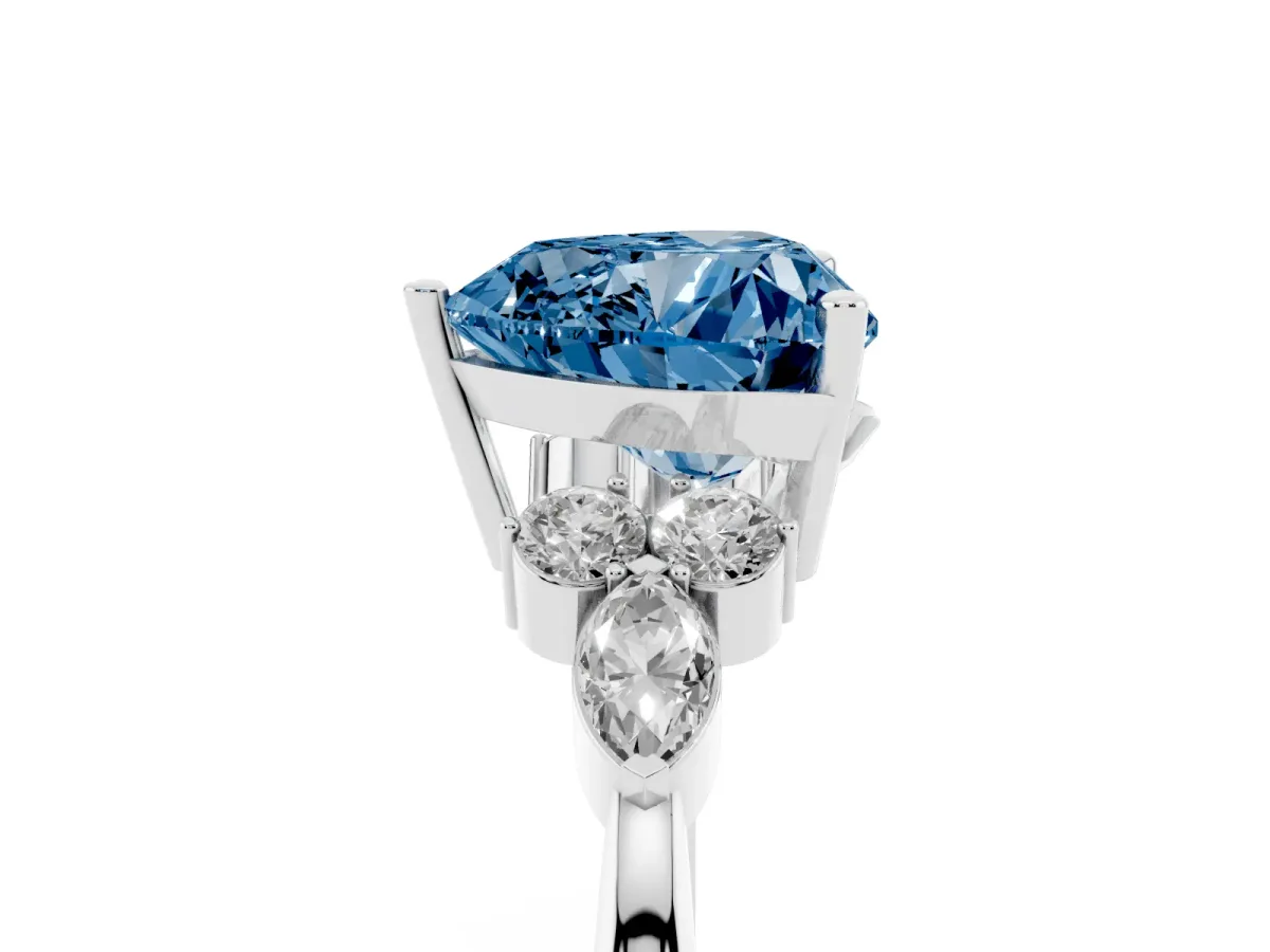 Fancy Blue Heart Cut Brilliant Diamond Solitaire Ring with Pear Side Stones and Four-Prong Setting Silver