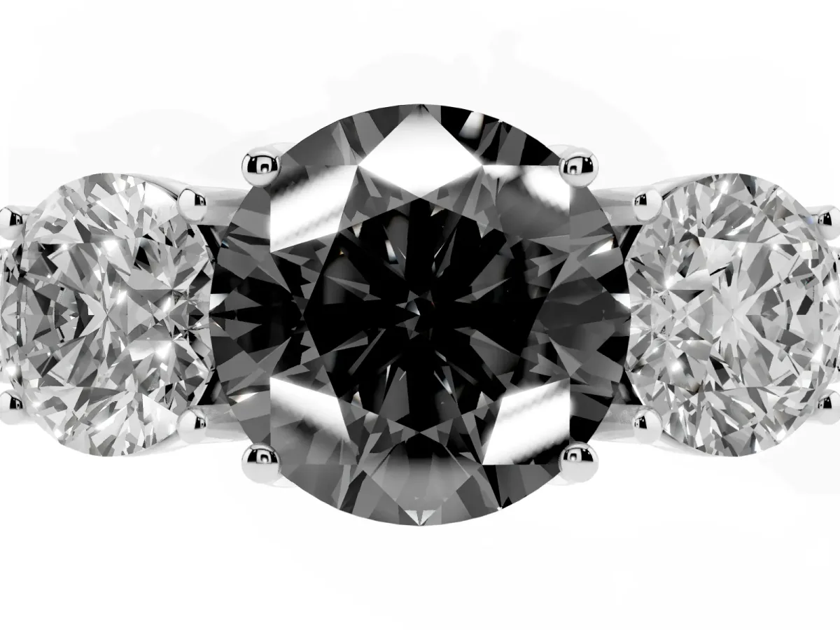 Fancy Black Three-Stone Round Cut Cut Milgrain Pavé Engagement Ring Silver