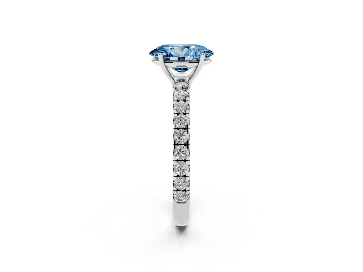 Fancy Blue Oval Cut Diamond Pavé Solitaire Engagement Ring with Four-Prong Setting Platinum