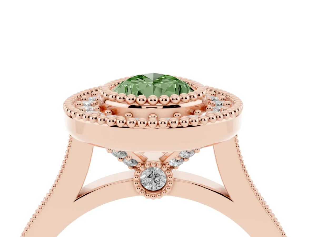 Fancy Green Pear Cut Diamond Halo Ring with Milgrain Frame and Pavé Band Rose gold