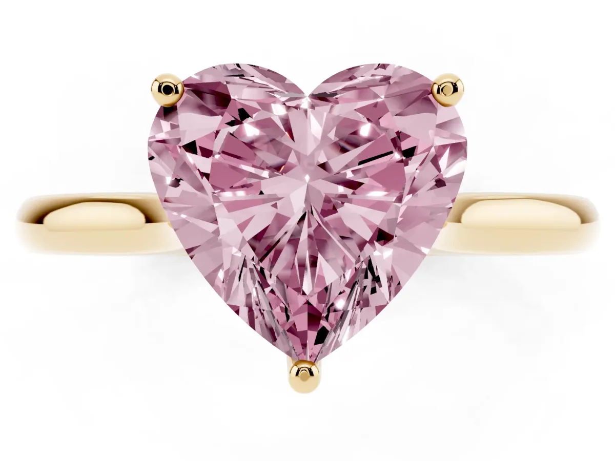Fancy Pink Heart Cut Cut Solitaire Ring with Cathedral Band and Four-Prong Setting Yellow gold
