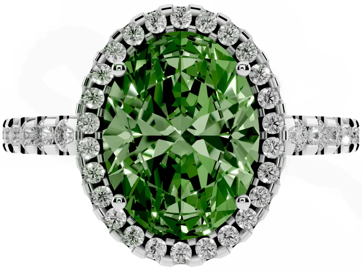 Fancy Green Oval Cut Diamond Halo Engagement Ring with Pavé Band and Prong Setting Platinum