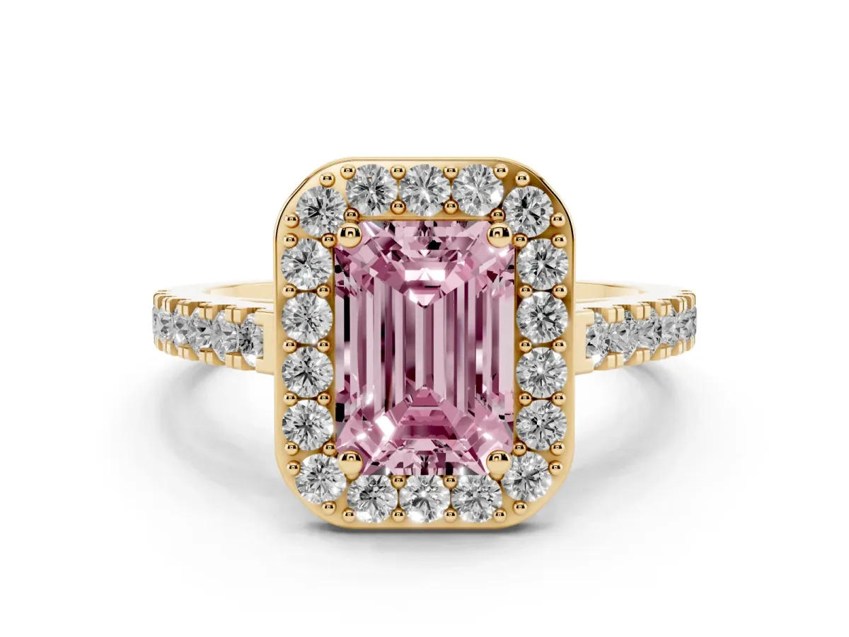 Fancy Pink Emerald Cut Diamond Halo Ring with Round Pavé Split Shank and Prong Setting Yellow gold
