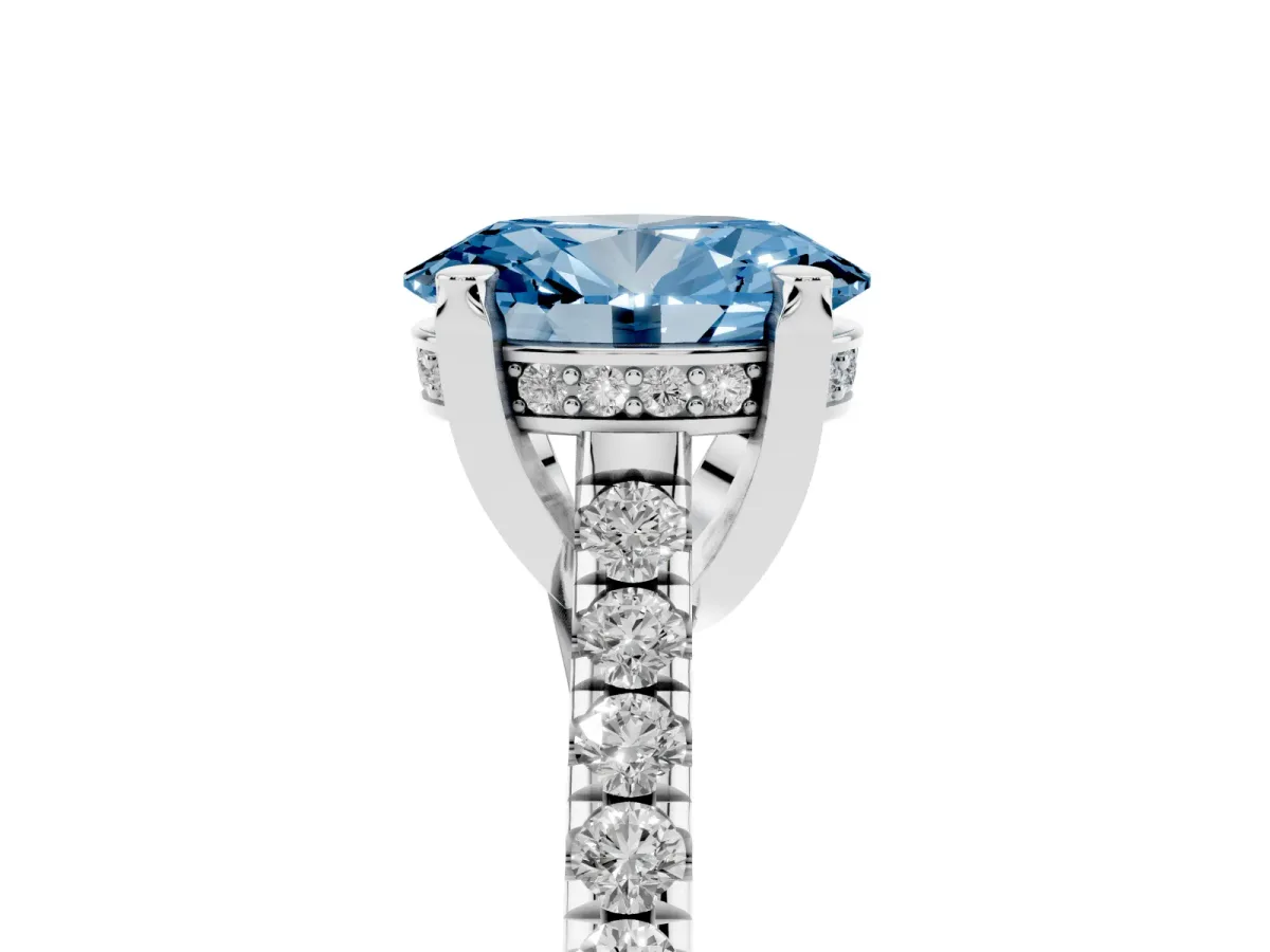 Fancy Blue Oval Cut Brilliant Diamond Solitaire with Pavé Band and Four-Prong Setting Platinum