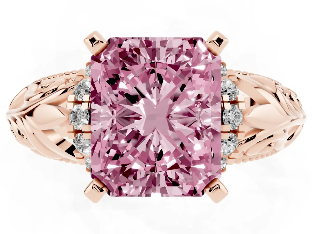 Fancy Pink Radiant Cut Solitaire Filigree Engagement Ring with Halo and Prong Setting Rose gold