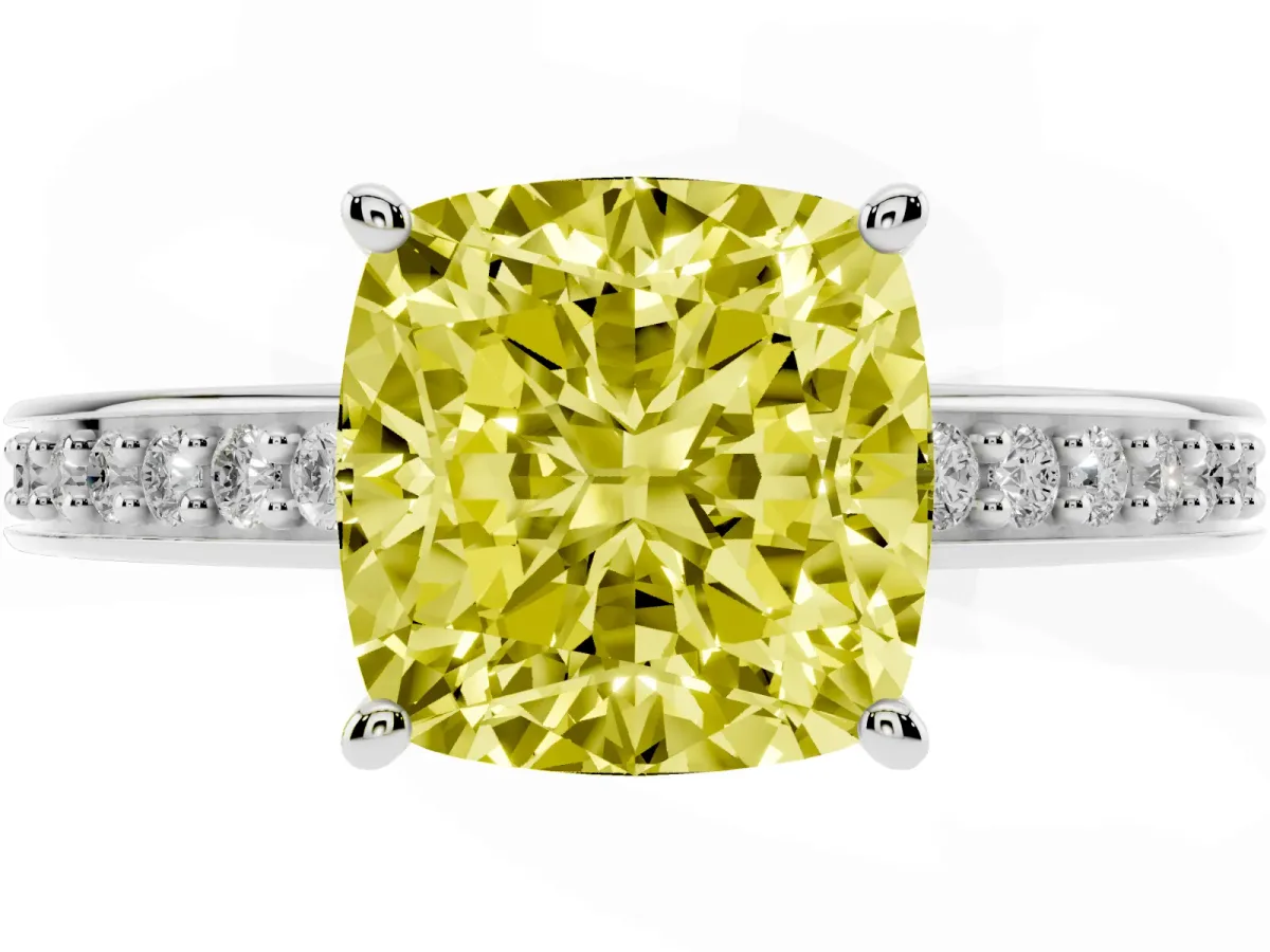 Fancy Yellow Cushion Cut Solitaire Pavé Band Prong Setting Ring Silver