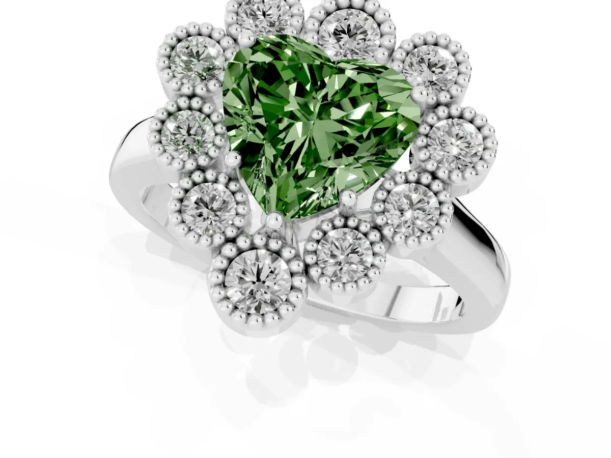 Fancy Green Heart Cut Halo Diamond Cluster Engagement Ring with Milgrain Bezel Setting and Solitaire Band White gold