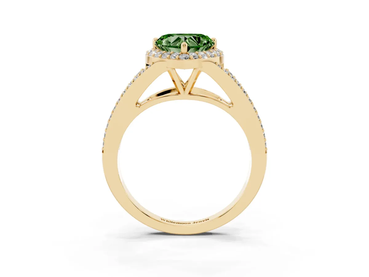 Fancy Green Heart Cut Halo Split Shank Pave Diamond Ring with Four-Prong Setting Yellow gold