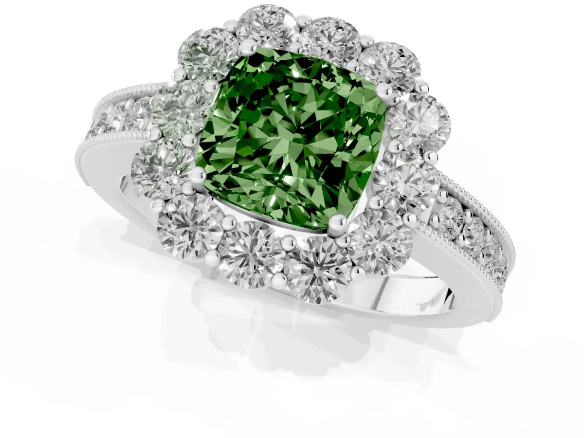 Fancy Green Cushion Cut Cut Halo Diamond Pavé Engagement Ring with Milgrain Detailing Silver