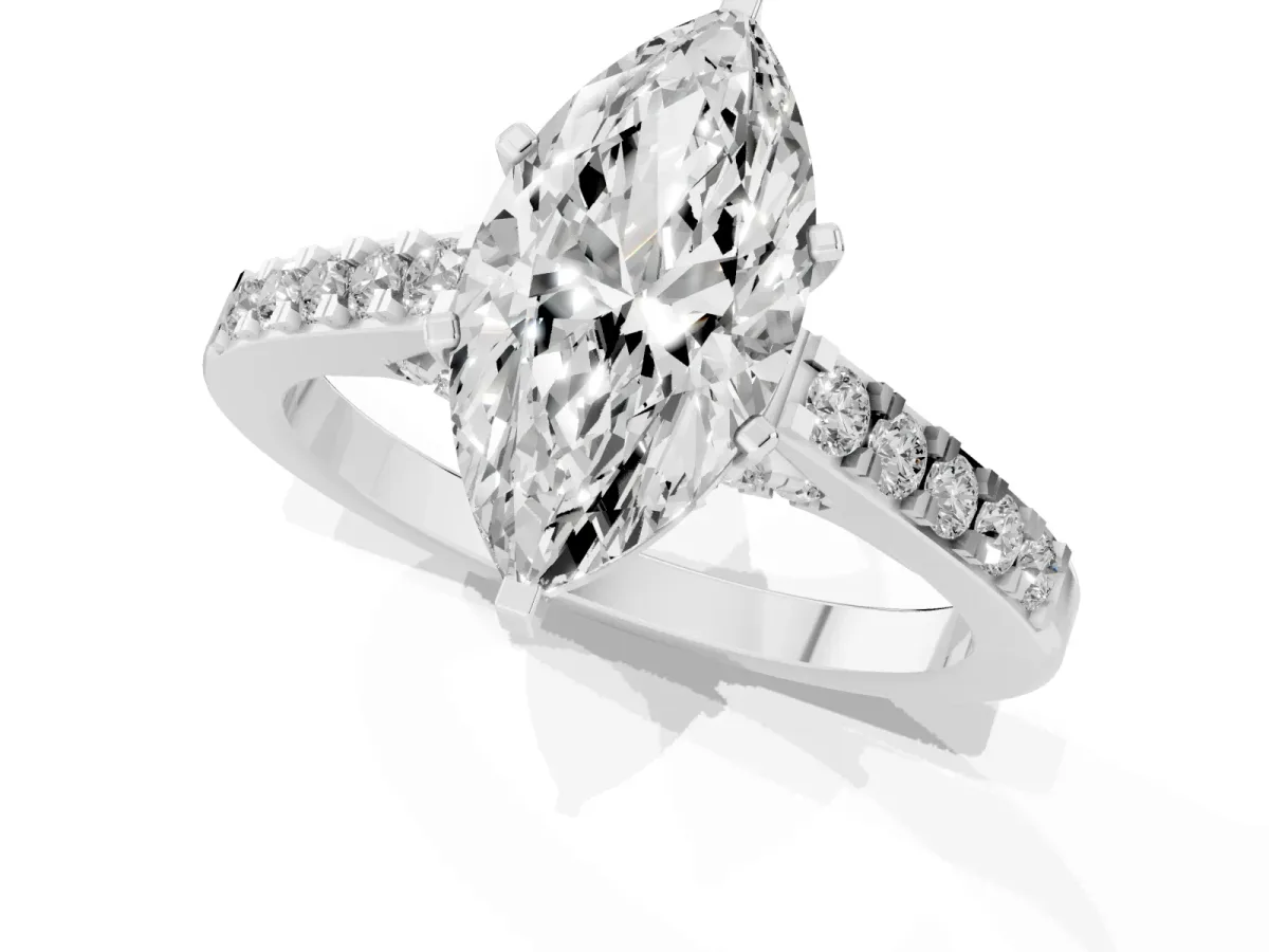 Marquise Cut Diamond Solitaire Ring with Crossover Gallery and Round Pavé Band Platinum