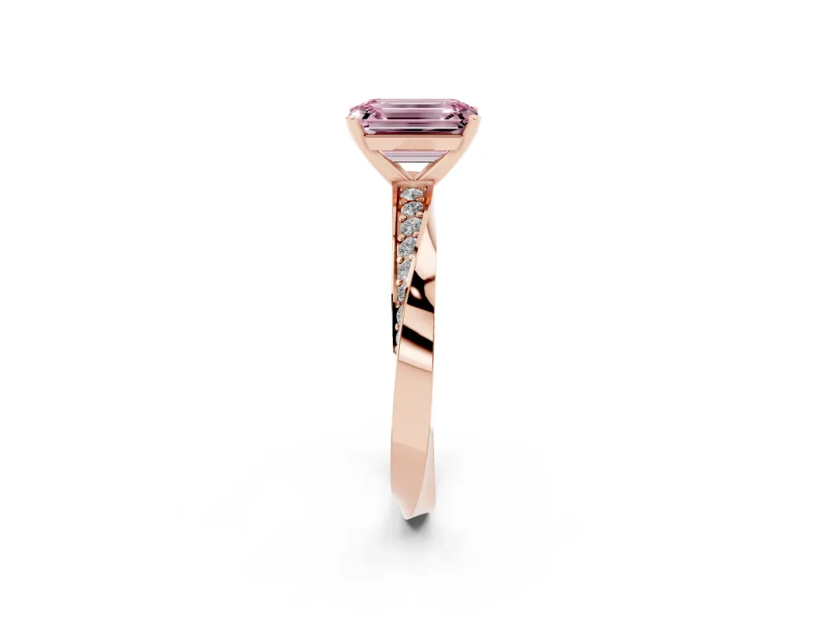 Fancy Pink Emerald Cut Diamond Engagement Ring with Side Stone Accents and Four-Prong Setting Rose gold