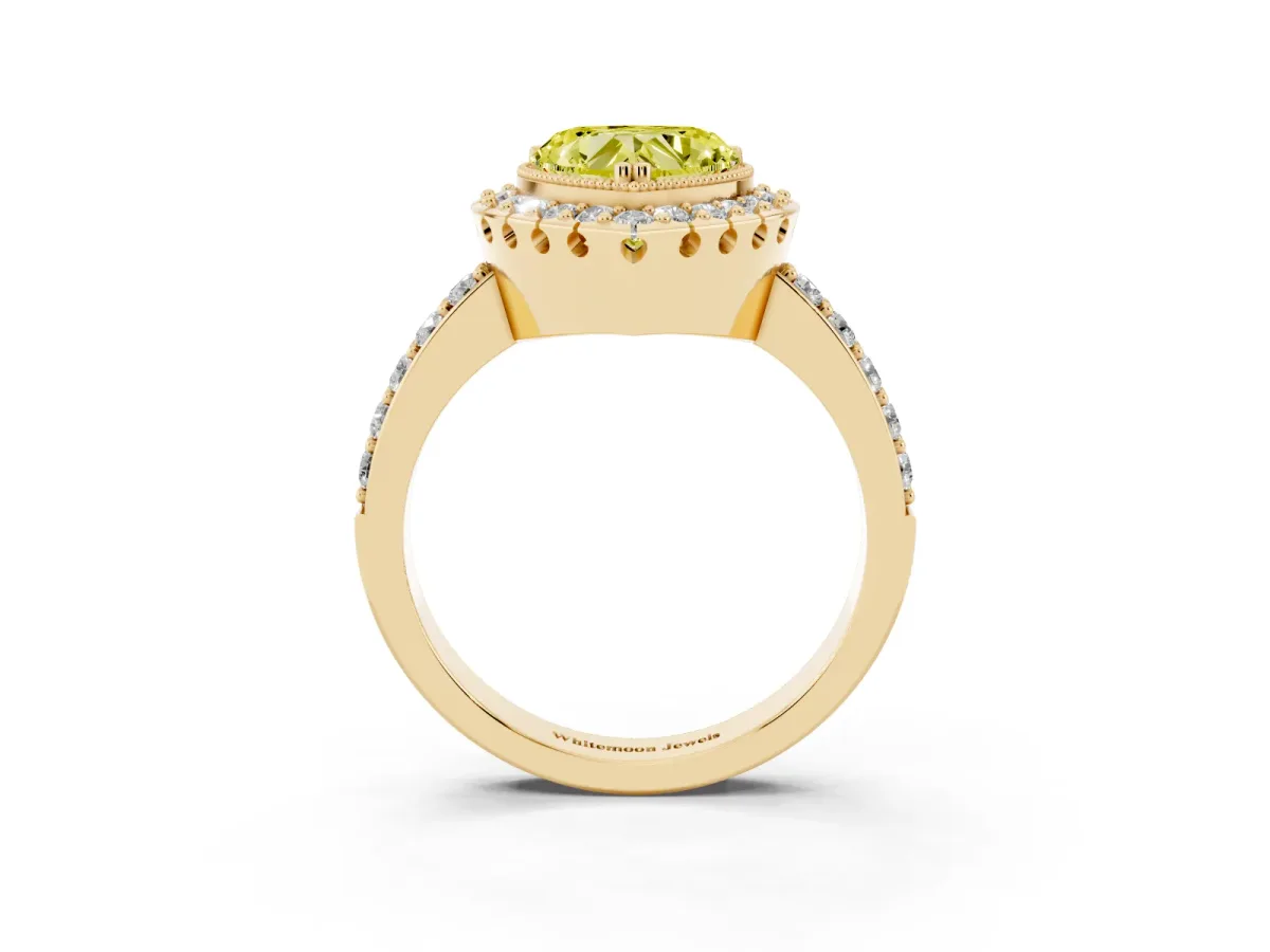 Fancy Yellow Heart Cut Diamond Halo Ring with Pavé Band and Prong Setting Yellow gold